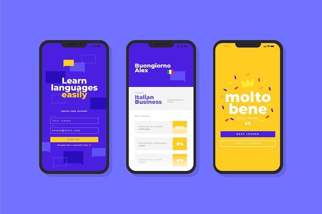 Vettore gratuito app per l'apprendimento di una nuova interfaccia linguistica