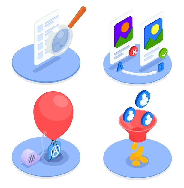 App store optimization 2x2 design composition with 3d colorful symbols isolated