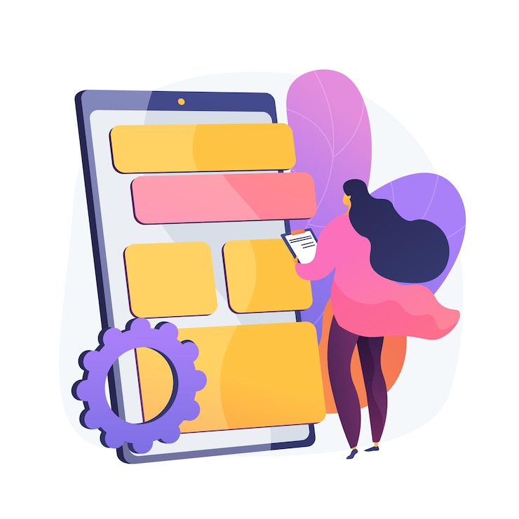 Free Vector app testing and optimization. ux designer, developer, smartphone interface. female cartoon character programming mobile phone application.