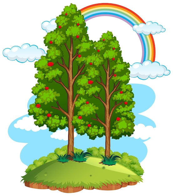 空に虹と自然のリンゴの木