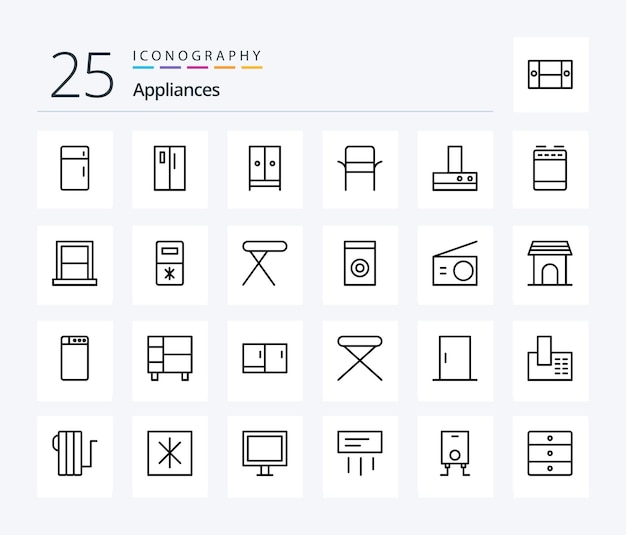 Appliances 25 Line icon pack including home chair refrigerator hotel furniture