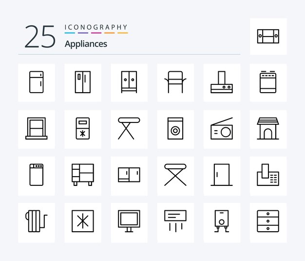Appliances 25 Line icon pack including home chair refrigerator hotel furniture