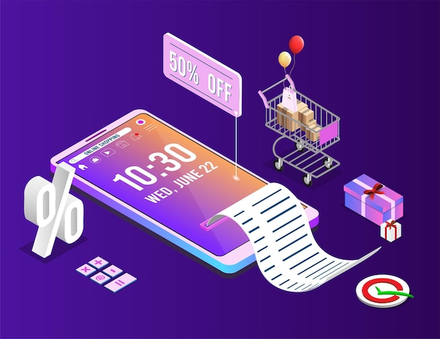 Application smartphone mobile and computer payments online transaction shopping online process on smartphone vecter cartoon illustration isometric design