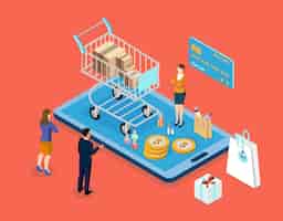 Free vector application smartphone mobile and computer payments online transaction woman and man characters shopping online process on smartphone vecter cartoon illustration isometric design