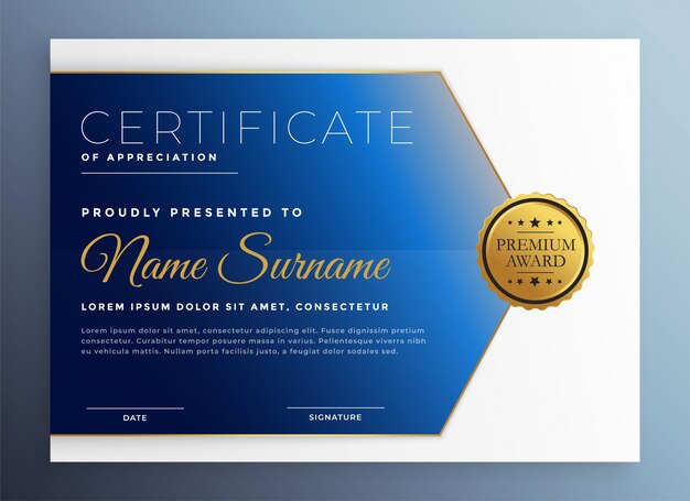 Appreciation certificate template in blue theme