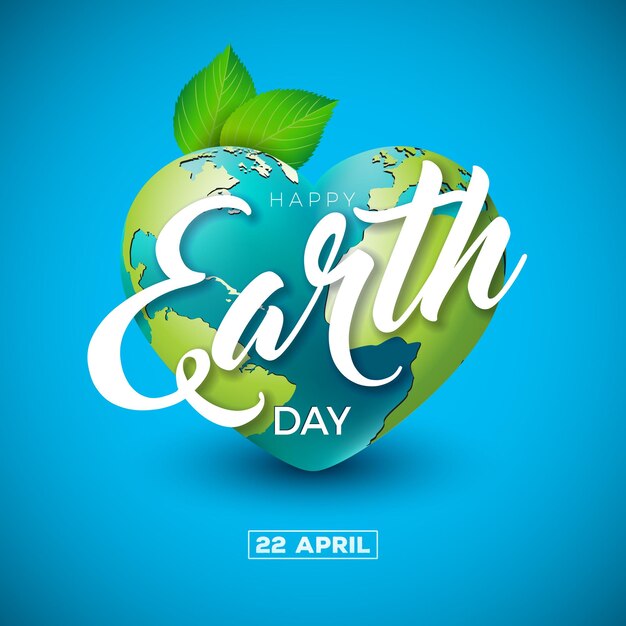 April 22 Earth Day Illustration with Planet in the Heart Shape and Green Leaf on Blue Background