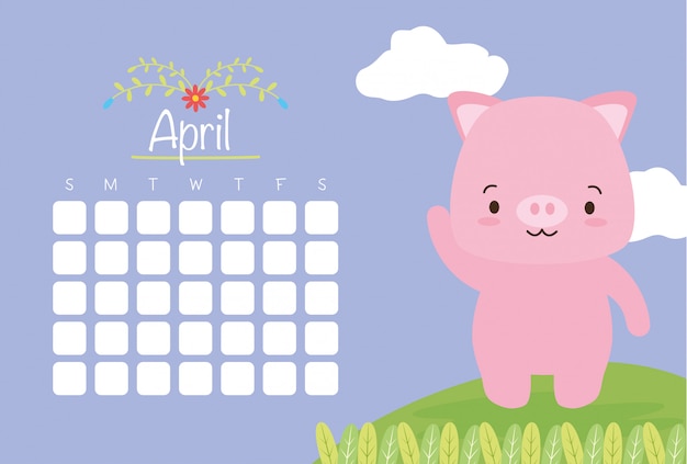 Free vector april calendar with cute piggy, flat style