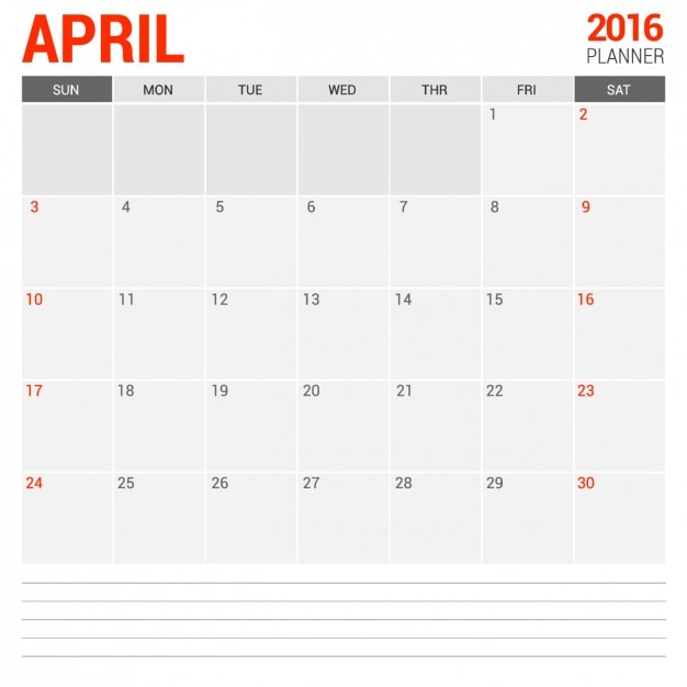 April monthly calendar 2016