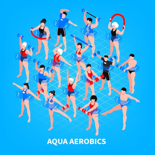 Aqua aerobics isometric composition on blue men and women with sport equipment during training illustration