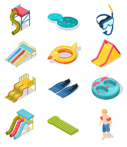 Free vector aqua park isometric icon set