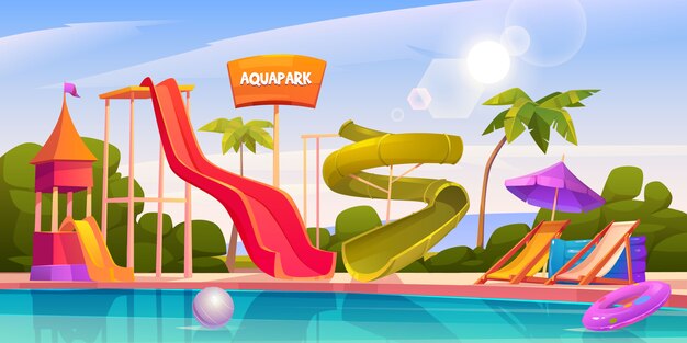 Aqua park with water slides and swimming pool
