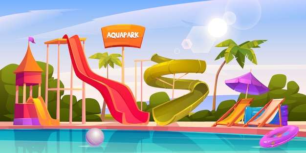 워터 슬라이드와 수영장이있는 아쿠아 파크