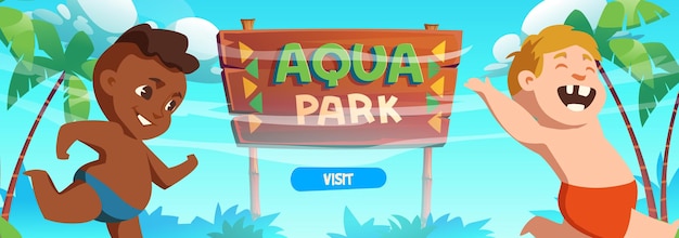 Aquapark banner with happy kids on sea beach with palm trees and wooden signboard
