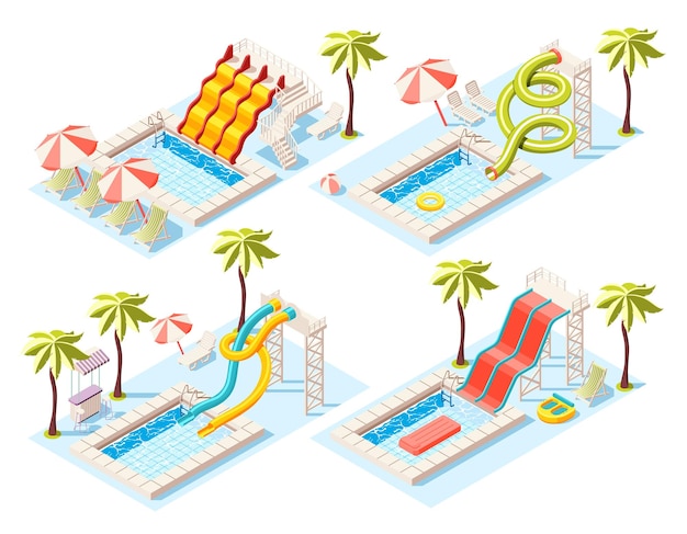 Бесплатное векторное изображение Изометрическая концепция аквапарка с векторной иллюстрацией символов для загара и плавания
