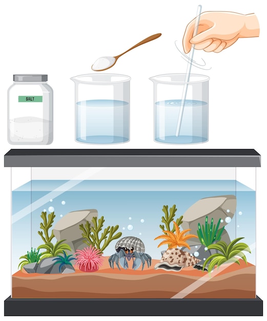Free vector aquarium tank with fishes and decorations on white background
