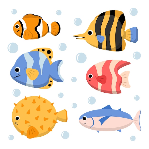 Free vector aquatic character set with clown fish pufferfish and mackerel