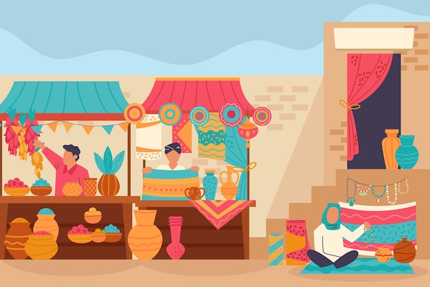 Arab bazaar illustration with characters