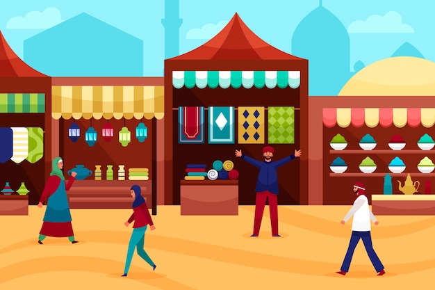 Арабский базар иллюстрация с купцами и покупателями