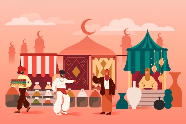 Free vector arab bazaar with mosque silhouette