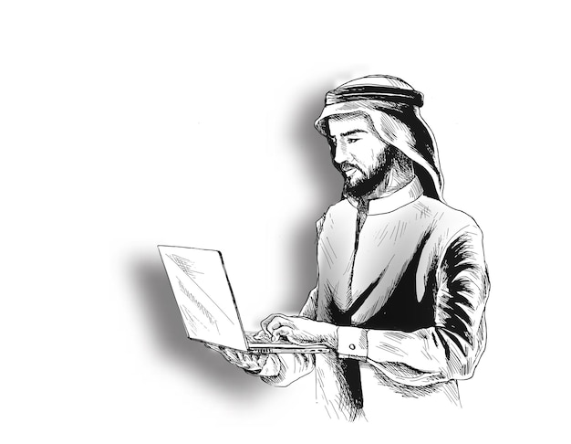 Арабский бизнесмен в бизнес-концепции, работающий над векторным фоном эскиза ноутбука