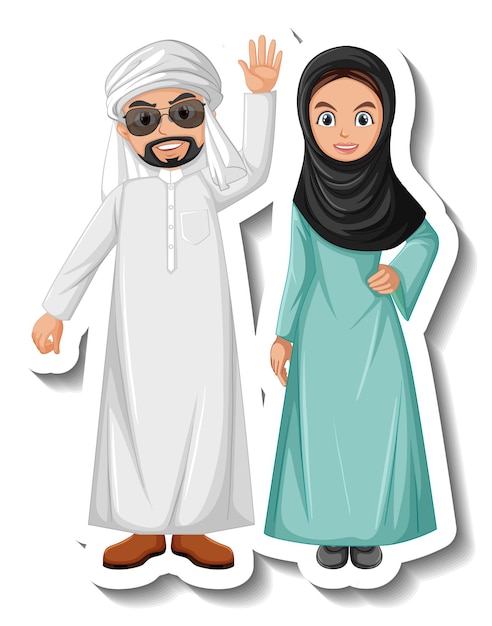 Free vector arab couple cartoon character sticker on white background