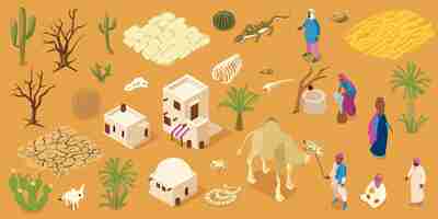 Free vector arab desert landscape with traditional mud brick houses people flora and fauna isometric horizontal background vector illustration