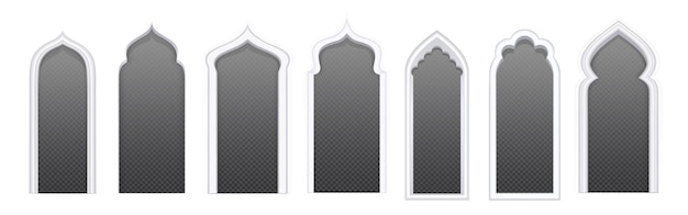 아랍 문은 모스크 이슬람 및 동양 건축을 위한 다양한 모양을 아치형 투명한 배경이 있는 흰색 벽에 있는 전통적인 아랍어 출입구 프레임의 벡터 현실적인 세트