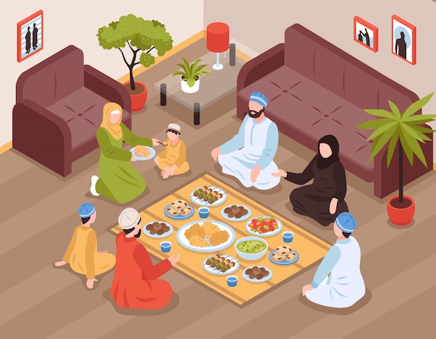 Arab family meal with traditional food and drinks isometric