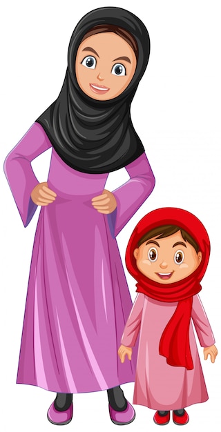 Free vector arab family mom and daughter wearing arab costume character