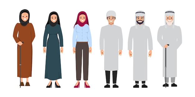 Vettore gratuito famiglia araba e persone musulmane e uomo e donna dei cartoni animati sauditi