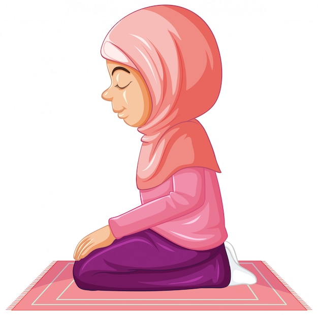 Arab  girl in pink traditional clothing in praying position  on white background