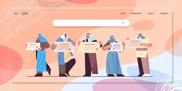 証明書​を​保持している​アラブ​の​卒業生​アカデミック​卒業​証書​の​学位​を​祝う​アラビア語​の​卒業生​企業内​教育​の​概念​水平​全長​ベクトル図