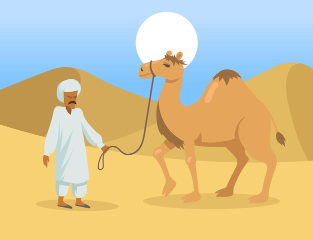 Free vector arab man with one hump camel in desert