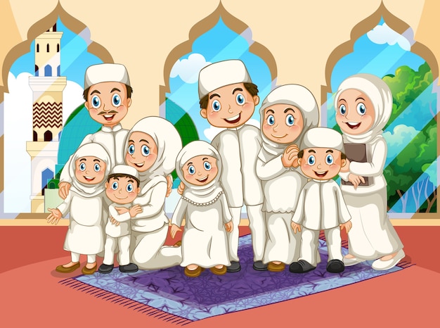 Большая арабская мусульманская семья молится в традиционной одежде в мечети