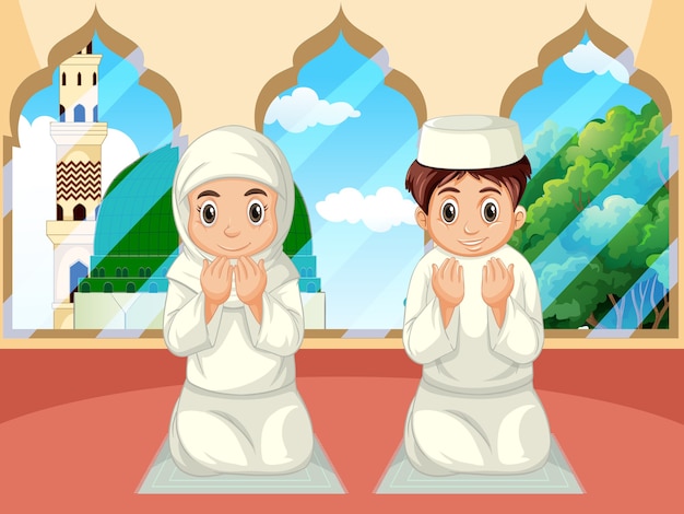 Arab muslim boy and girl praying in traditional clothing in mosque background