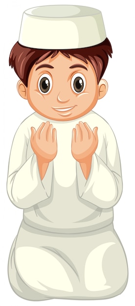 Vettore gratuito ragazzo musulmano arabo che prega in abbigliamento tradizionale isolato su fondo bianco