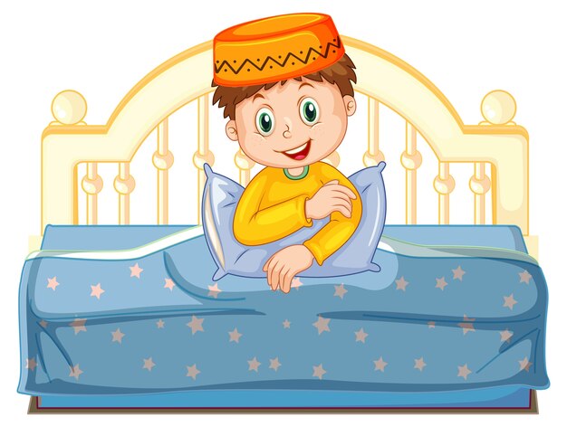 Arab muslim boy in traditional clothing sitting on a bed isolated on white background