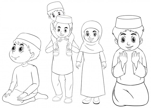 Arab muslim family in traditional clothing in outline