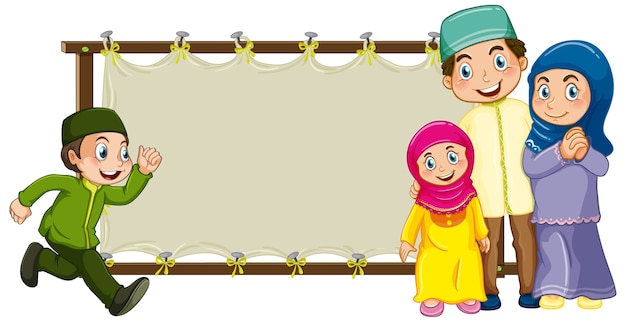 Free vector arab muslim family in traditional clothing with blank banner