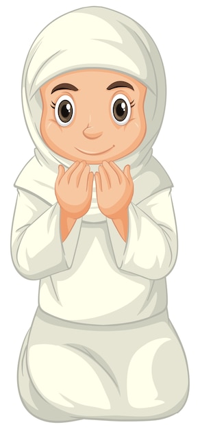 無料ベクター 白い背景で隔離の座位を祈って伝統的な服でアラブのイスラム教徒の少女