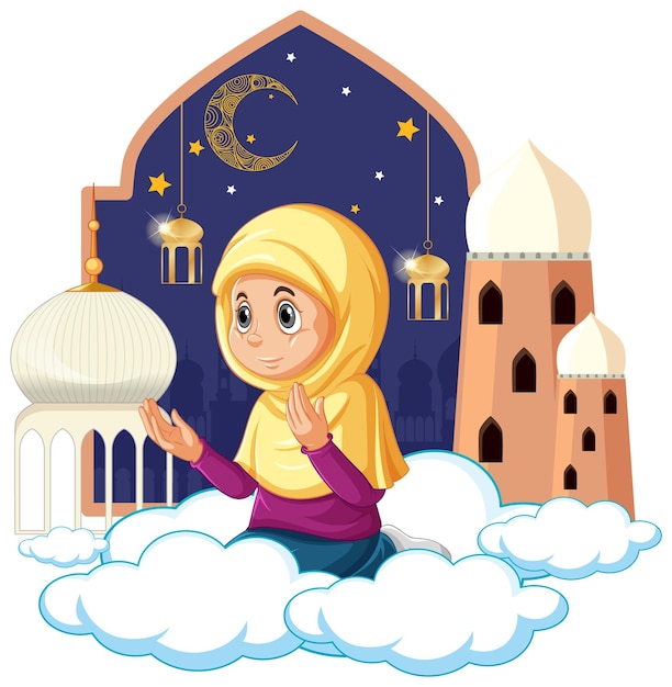 Vettore gratuito ragazza musulmana araba che prega personaggio dei cartoni animati