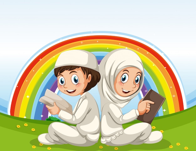 伝統的な服と虹の背景のアラブのイスラム教徒の子供たち