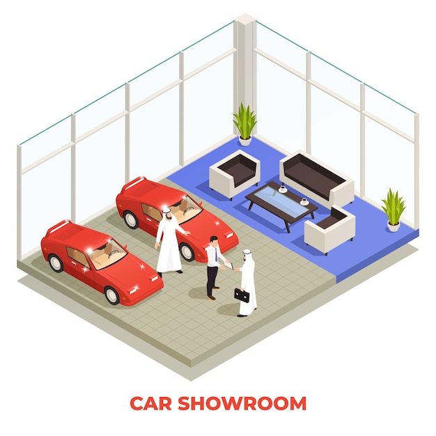 Free vector arab muslims saudi modern isometric people composition with muslim characters selling luxury cars in a store vector illustration