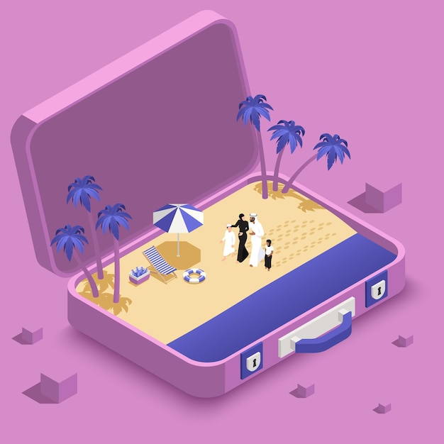 Free vector arab muslims saudi modern isometric people composition with suitcase and beach coastline with walking family members vector illustration