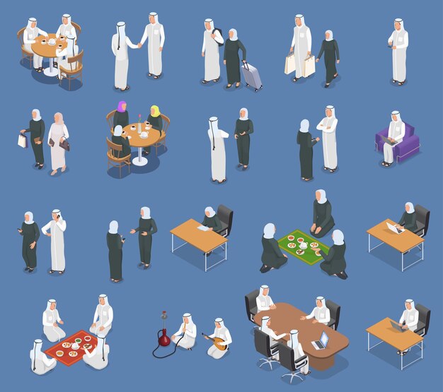 Арабские люди в разных ситуациях изометрические иконки, изолированные на синем фоне 3d векторная иллюстрация