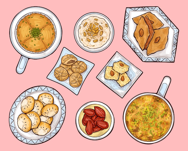 Бесплатное векторное изображение Вид сверху арабские сладости. арабская рамадан кухня
