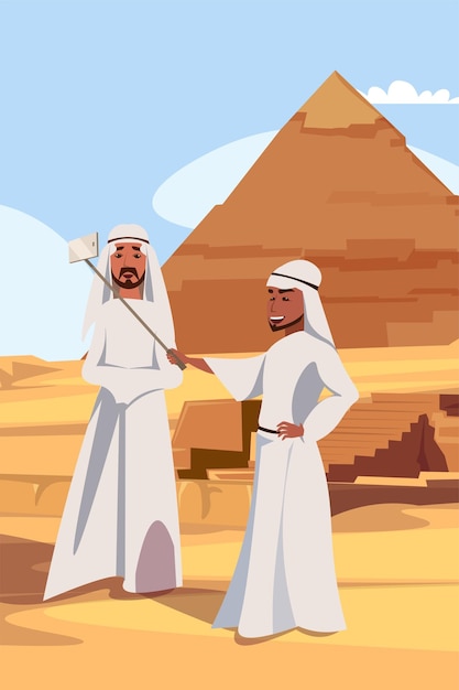 Free vector arab tourists taking selfie muslim men bedouins in traditional clothes characters friends posing for photo near pyramid exotic tourism vacation travel to egypt