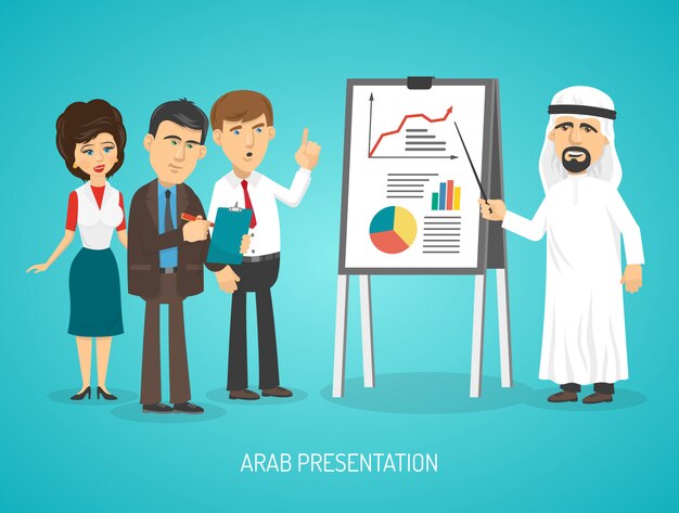 Араб в традиционной арабской одежде делает презентацию с флипчартом