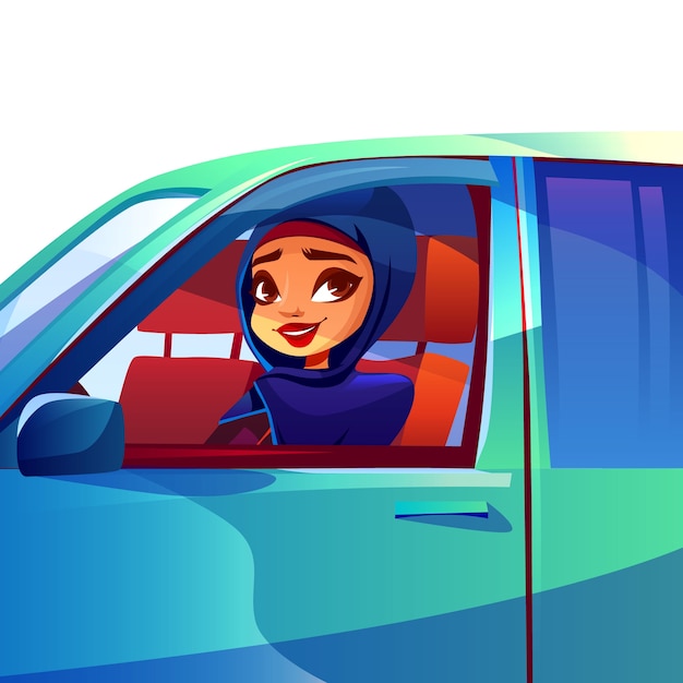 Arab woman driving car illustration of modern rich girl in saudi arabia hijab