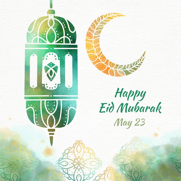 Free vector arabian lantern watercolour eid mubarak